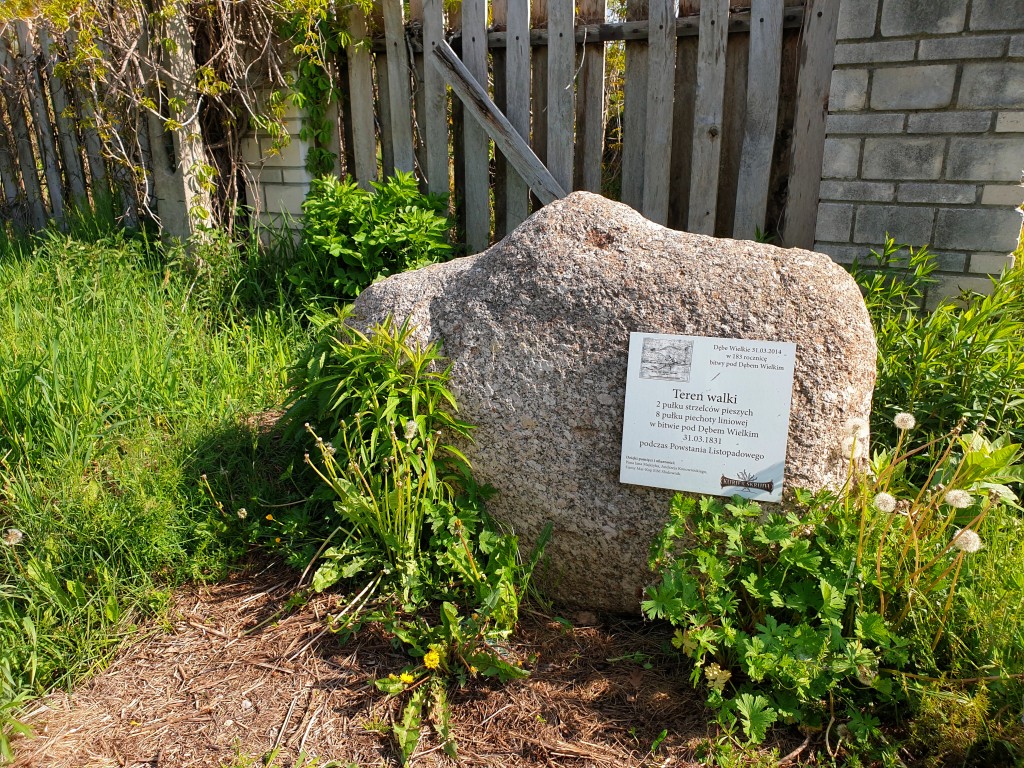 Zdjęcie pomnika z kamienia upamiętniającego teren walki w bitwie pod Dębe m Wilkim podczas Powstania LIstopadowego.