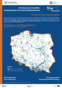 Plakat przedstawia aktualizację planów zarządzania ryzykiem powodziowym