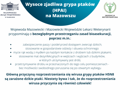 Ulotka przedstawia informacje dotyczące wysoce zjadliwej grypy ptaków (HPAI) na Mazowszu.