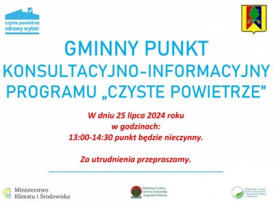 Obrazek dotyczący artykułu INFORMACJA DOTYCZĄCA PRACY GMINNEGO PUNKTU KONSULTACYJNO-INFORMACYJNEGO PROGRAMU „CZYSTE POWIETRZE” W DNIU 25.07.2024