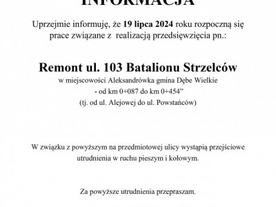 Obrazek dotyczący artykułu UTRUDNIENIA W RUCHU PIESZYM I KOŁOWYM NA ULICY 103 BATALIONU STRZELCÓW W MIEJSCOWOŚCI ALEKSANDRÓWKA