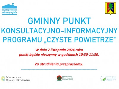 Obrazek dotyczący artykułu INFORMACJA DOTYCZĄCA PRACY GMINNEGO PUNKTU KONSULTACYJNO – INFORMACYJNEGO PROGRAMU „CZYSTE POWIETRZE” W DNIU 7.10.2024