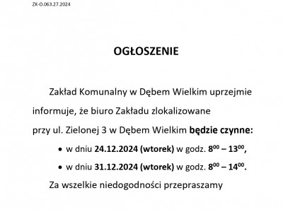 Obrazek dotyczący artykułu ZMIANY W GODZINACH FUNKCJONOWANIA ZAKŁADU KOMUNALNEGO