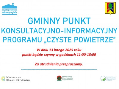 Obrazek dotyczący artykułu GMINNY PUNKT KONSULTACYJNO-INFORMACYJNY PROGRAMU „CZYSTE POWIETRZE”